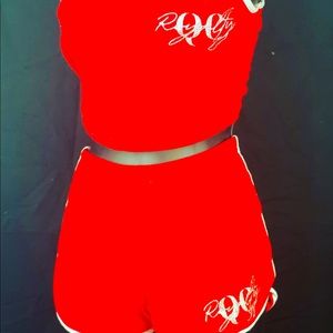 2 piece red short set featuring a cami top